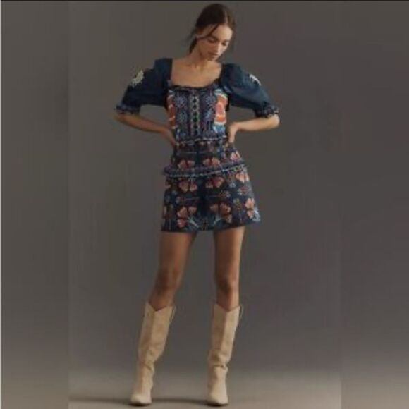 NWT FARM RIO X Puff-Sleeve Ruffled Floral Romper MEDIUM - Picture 1 of 4